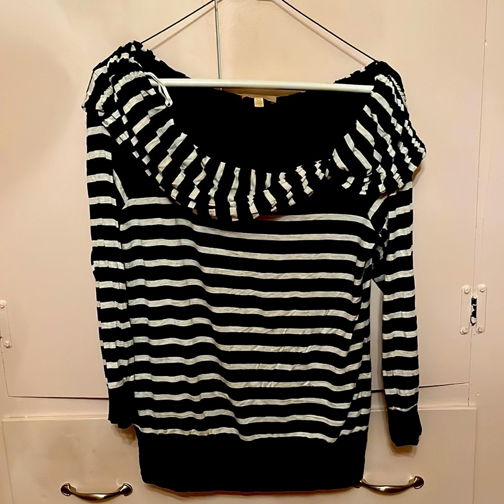 Anthropologie Bordeaux navy Blue and white striped top cowl neck spring top